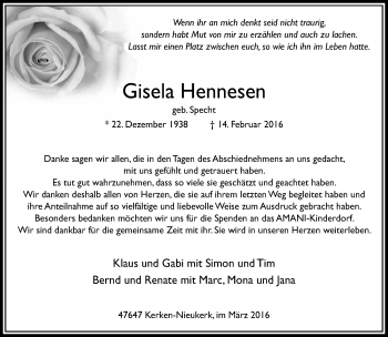 Todesanzeige von Gisela Hennesen von Rheinische Post