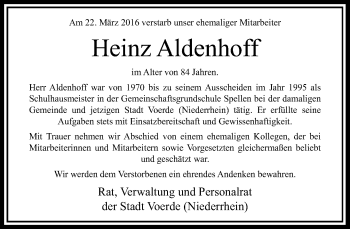 Todesanzeige von Heinz Aldenhoff von Rheinische Post
