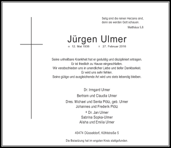 Todesanzeige von Jürgen Ulmer von Rheinische Post