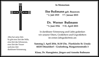 Todesanzeige von Werner und Ilse Bußmann von Rheinische Post