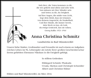 Todesanzeige von Anna Christina Schmitz von Rheinische Post