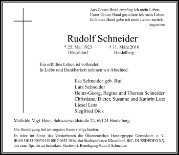 Todesanzeige von Rudolf Schneider von Rheinische Post