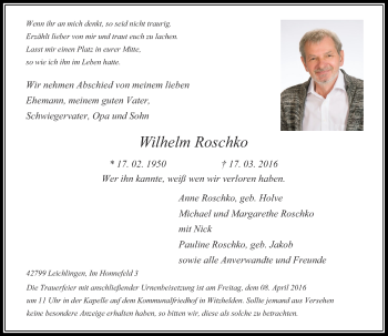 Todesanzeige von Wilhelm Roschko von Rheinische Post