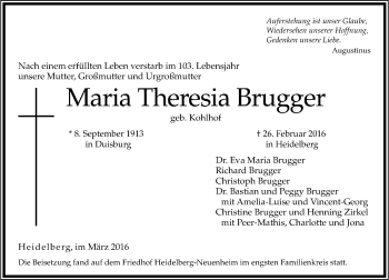 Todesanzeige von Maria Theresia Brugger von Rheinische Post