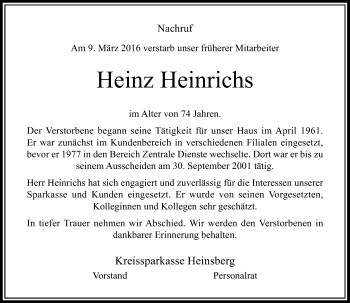 Todesanzeige von Heinz Heinrichs von Rheinische Post