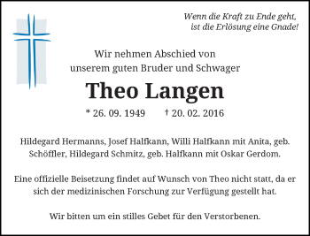 Todesanzeige von Theo Langen von Rheinische Post