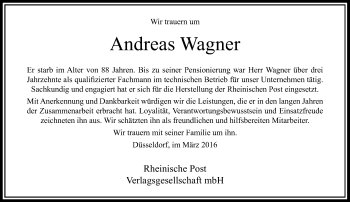 Todesanzeige von Andreas Wagner von Rheinische Post