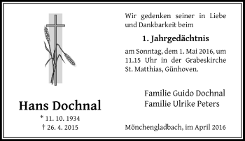 Todesanzeige von Hans Dochnal von Rheinische Post