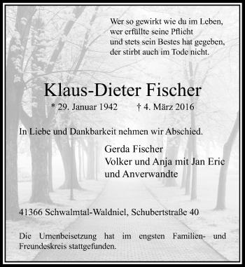 Todesanzeige von Klaus-Dieter Fischer von Rheinische Post