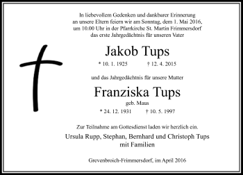Todesanzeige von Jakob und Franziska Tups von Rheinische Post