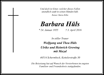 Todesanzeige von Barbara Hüls von Rheinische Post