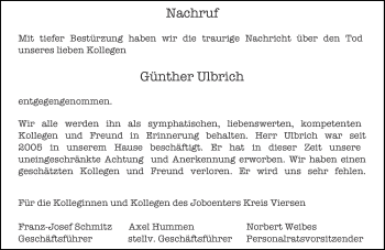 Todesanzeige von Günther Ulbrich von Rheinische Post