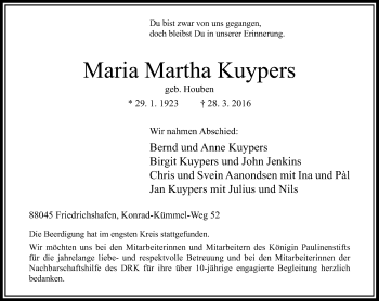 Todesanzeige von Maria Martha Kuypers von Rheinische Post