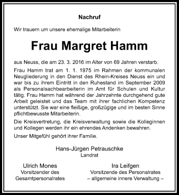 Todesanzeige von Margret Hamm von Rheinische Post