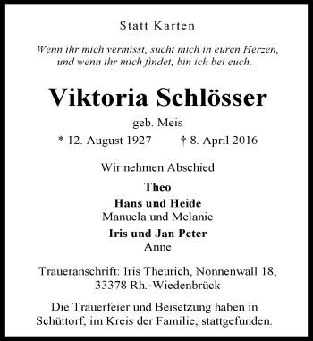 Todesanzeige von Viktoria Schlösser von Rheinische Post
