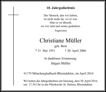 Todesanzeige von Christiane Müller von Rheinische Post