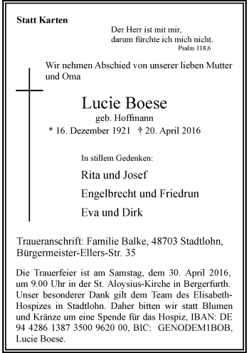 Todesanzeige von Lucie Boese von Rheinische Post