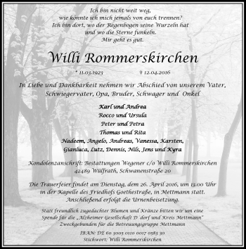 Todesanzeige von Willi Rommerskirchen von Rheinische Post