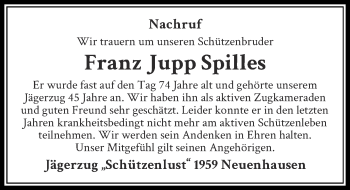 Todesanzeige von Franz Jupp Spilles von Rheinische Post