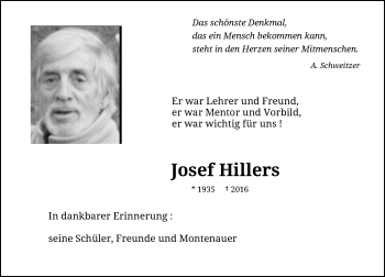 Todesanzeige von Josef Hillers von Rheinische Post