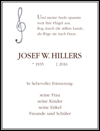 Todesanzeige von Josef W. Hillers von Rheinische Post