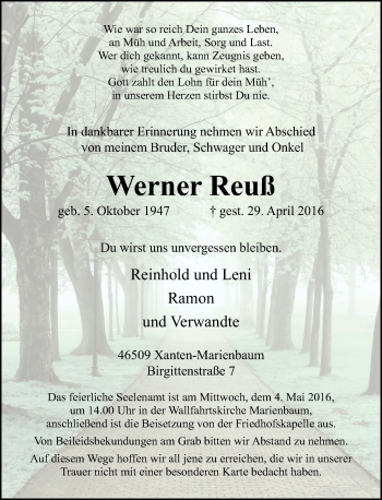 Todesanzeige von Werner Reuß von Rheinische Post