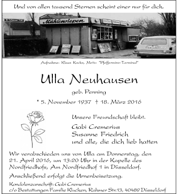 Todesanzeige von Ulla Neuhausen von Rheinische Post