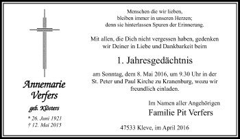 Todesanzeige von Annemarie Verfers von Rheinische Post