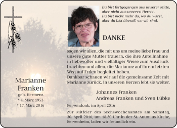 Todesanzeige von Danke Franken von Rheinische Post