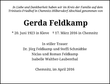Todesanzeige von Gerda Feldkamp von Rheinische Post