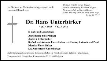 Todesanzeige von Hans Unterbirker von Rheinische Post