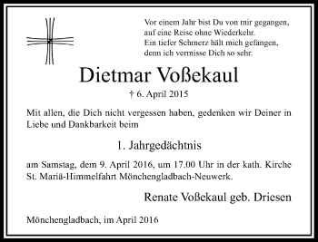 Todesanzeige von Dietmar Voßekaul von Rheinische Post