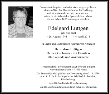 Todesanzeige von Edelgard Lüttgen von Rheinische Post