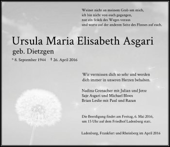 Todesanzeige von Ursula Maria Elisabeth Asgari von Rheinische Post