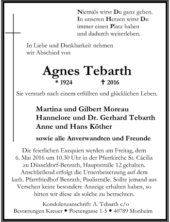 Todesanzeige von Agnes Tebarth von Rheinische Post