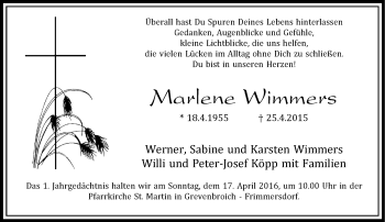Todesanzeige von Marlene Wimmers von Rheinische Post