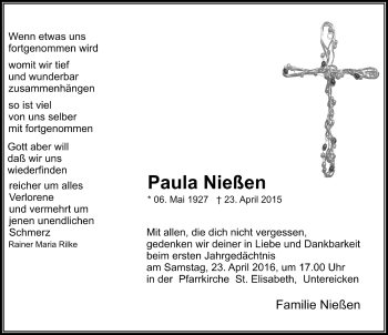 Todesanzeige von Paula Nießen von Rheinische Post