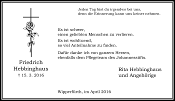Todesanzeige von Friedrich Hebbinghaus von Rheinische Post