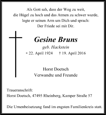 Todesanzeige von Gesine Bruns von Rheinische Post