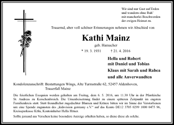 Todesanzeige von Kathi Mainz von Rheinische Post