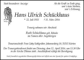 Todesanzeige von Hans Ulrich Schückhaus von Rheinische Post