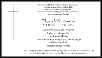 Todesanzeige von Theo Willkomm von Rheinische Post