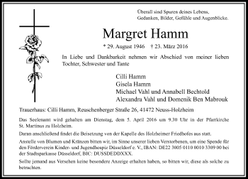 Todesanzeige von Margret Hamm von Rheinische Post