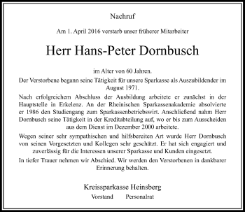 Todesanzeige von Hans-Peter Dornbusch von Rheinische Post