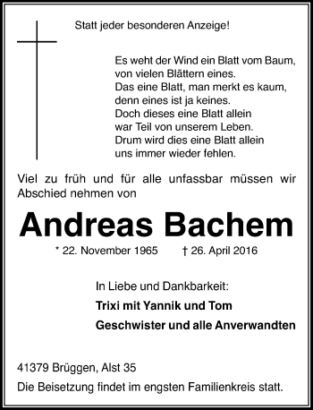 Todesanzeige von Andreas Bachem von Rheinische Post