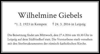 Todesanzeige von Wilhelmine Giebels von Rheinische Post