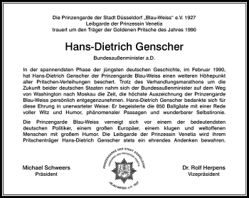 Todesanzeige von Hans-Dietrich Genscher von Rheinische Post