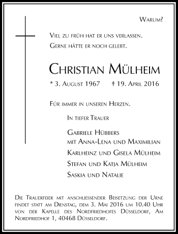 Todesanzeige von Christian Mülheim von Rheinische Post