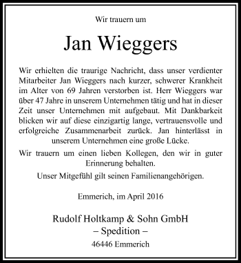 Todesanzeige von Jan Wieggers von Rheinische Post