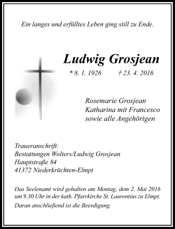 Todesanzeige von Ludwig Grosjean von Rheinische Post